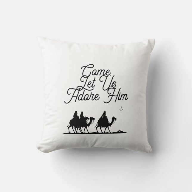 Upllifting Christian Let Us Adore Him Christmas Cushion (Front)