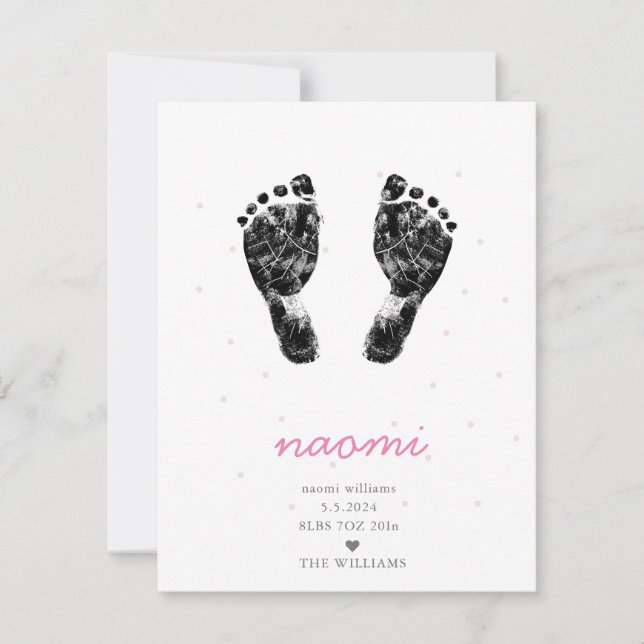Upload Custom Baby Footprint Pink Girl Birth Announcement (Front)