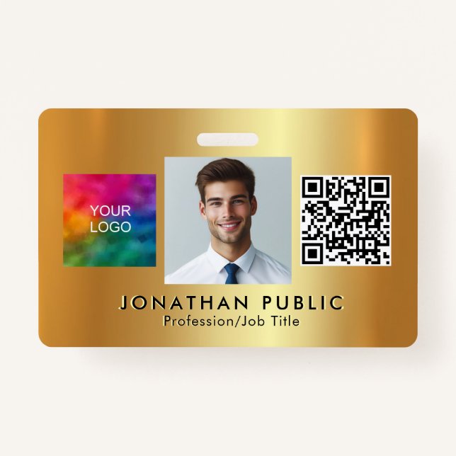 Upload Your Logo QR Code Employee Photo Gold ID Badge (Front)