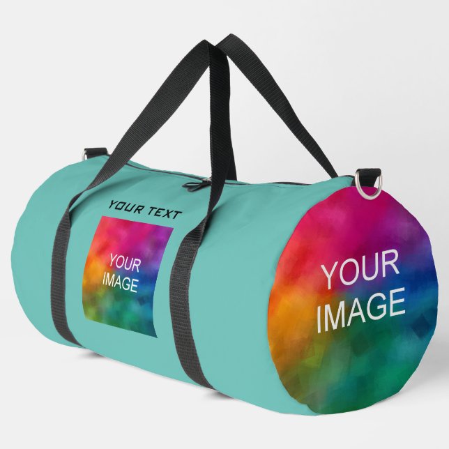 Upload Your Own Photo Add Text Template Large Teal Duffle Bag (Left Corner)