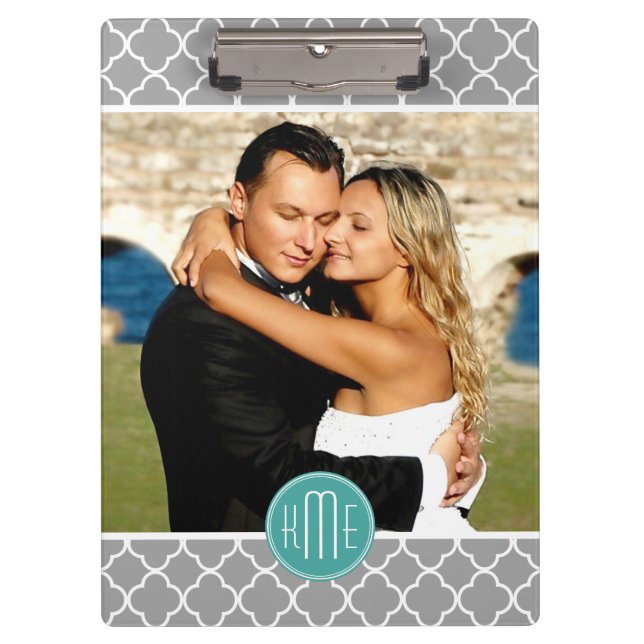 Upload Your Photo - Grey Quatrefoil Mint Monogram Clipboard (Front)