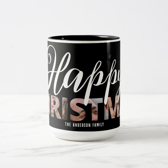 Upload Your Photo in Text Happy Christmas Two-Tone Coffee Mug (Center)