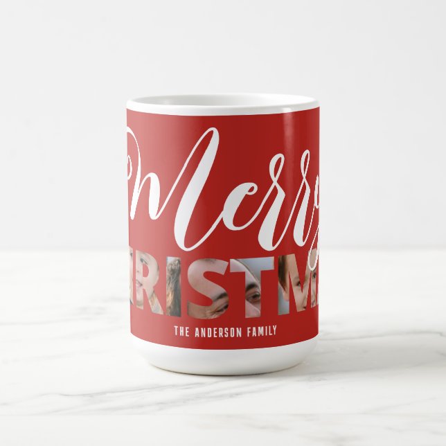Upload Your Photo in Text Merry Christmas Red Coffee Mug (Center)