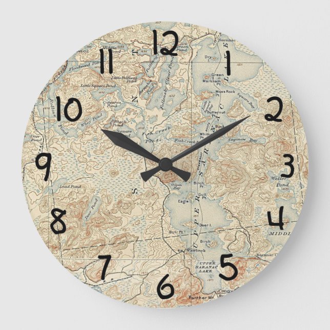 Upper Saranac Lake Detail from Old Topographic Map Large Clock (Front)
