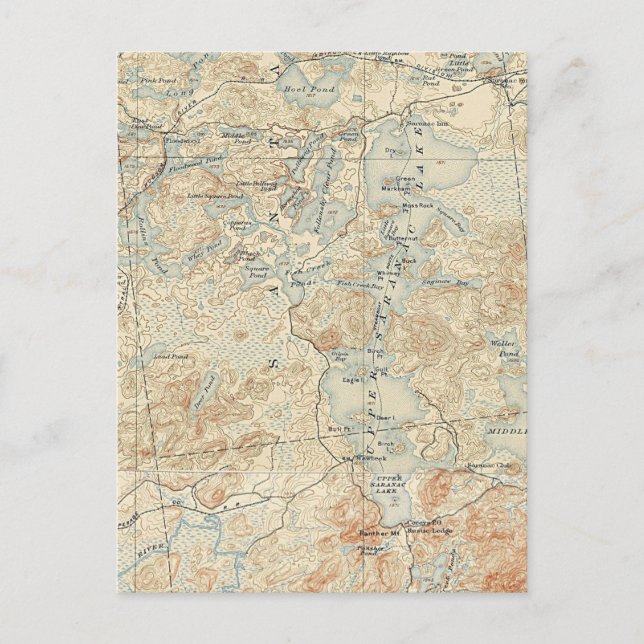 Upper Saranac Lake Detail from Old Topographic Map Postcard (Front)