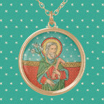Upper Torso of St. Joseph (Detail; VVP 09) Gold Plated Necklace<br><div class="desc">In this detail of a 19th-century Belgian devotional print, a mature, grey-haired St. Joseph stands in front of a red wall hanging with golden yellow trim. The tapestry is patterned with equal-armed crosses enclosed in rotated squares. How it is hung defies logical explanation because the background consists of an infinitely...</div>