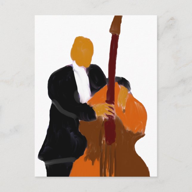 Upright bass player holding a bass painting postcard (Front)