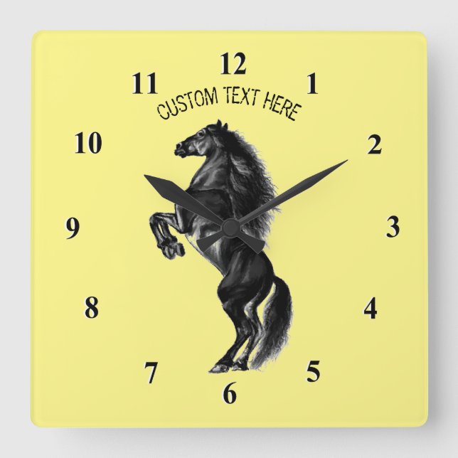 Upright Black Wild Horse - Add Your Text / Colour Square Wall Clock (Front)