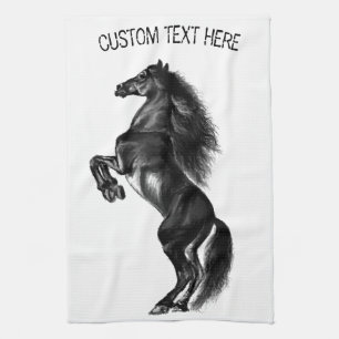Upright Black Wild Horse - Add Your Text / Colour Tea Towel