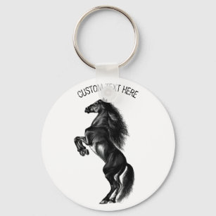Upright Black Wild Horse - Black and White Drawing Key Ring