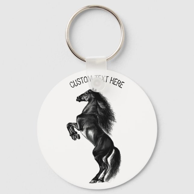 Upright Black Wild Horse - Black and White Drawing Key Ring (Front)