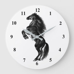 Upright Black Wild Horse - Black and White Drawing Large Clock