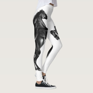 Upright Black Wild Horse - Black and White Drawing Leggings
