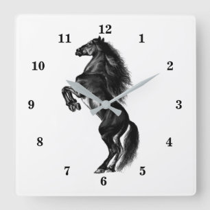 Upright Black Wild Horse - Black and White Drawing Square Wall Clock