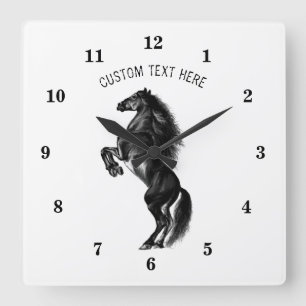 Upright Black Wild Horse - Black and White Drawing Square Wall Clock