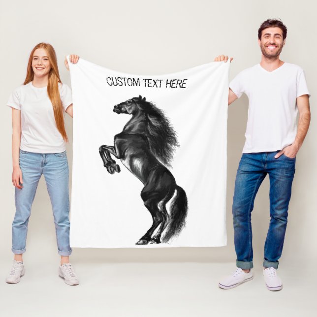 Upright Black Wild Horse - Black White - Add Text Fleece Blanket (In Situ)