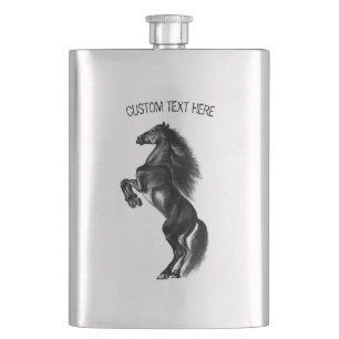 Upright Black Wild Horse Drawing - Add Your Text Hip Flask