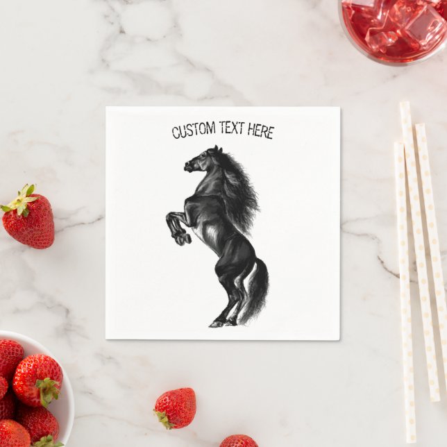 Upright Black Wild Horse - Drawing - Add Your Text Napkin (Insitu)