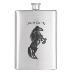 Upright Black Wild Horse Drawing - Custom Text Hip Flask