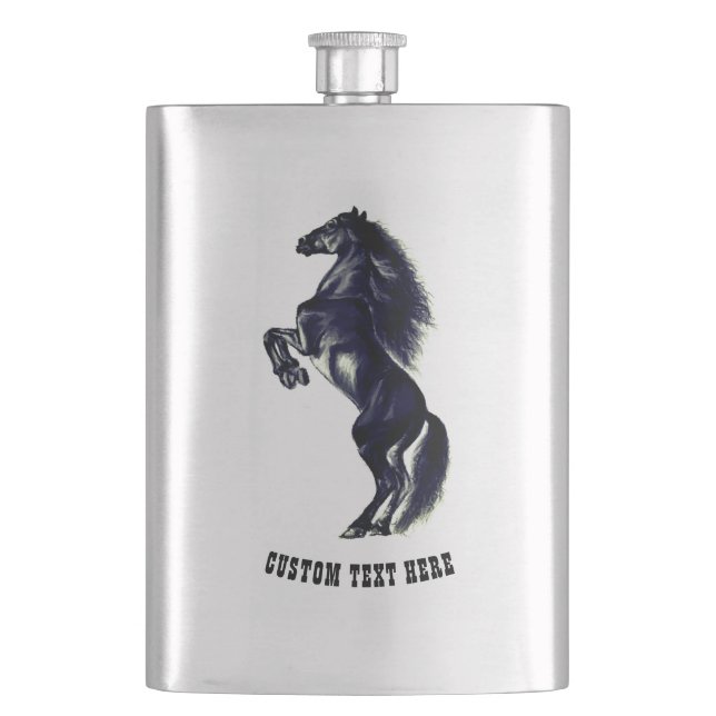 Upright Black Wild Horse Drawing - Your Text Hip Flask (Front)