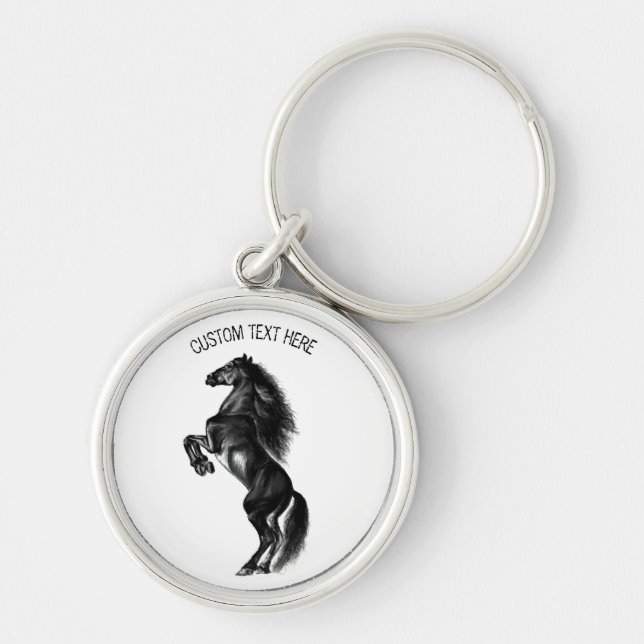 Upright Black Wild Horse Keychain with Custom Text (Front)