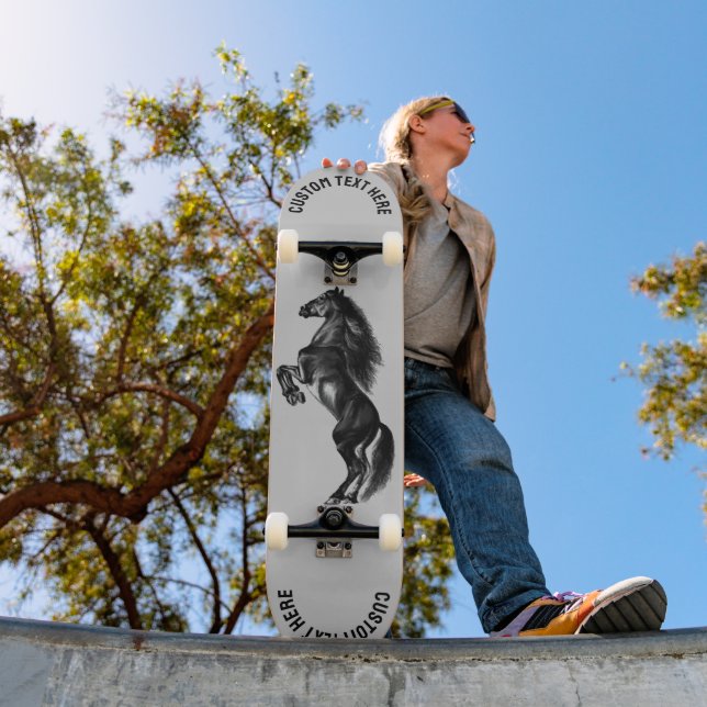 Upright Black Wild Horse Skateboard - Your Text (Outdoor 1)