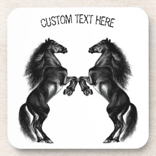 Upright Black Wild Horses - Add Your Text / Color Coaster