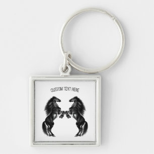 Upright Black Wild Horses - Add Your Text / Colour Key Ring