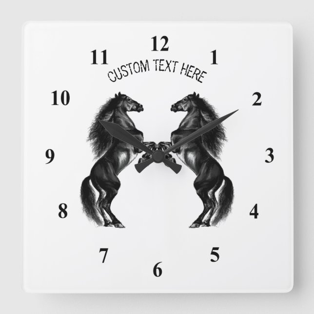 Upright Black Wild Horses - Add Your Text / Colour Square Wall Clock (Front)