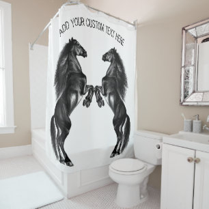 Upright Black Wild Horses - Black & White Drawing Shower Curtain