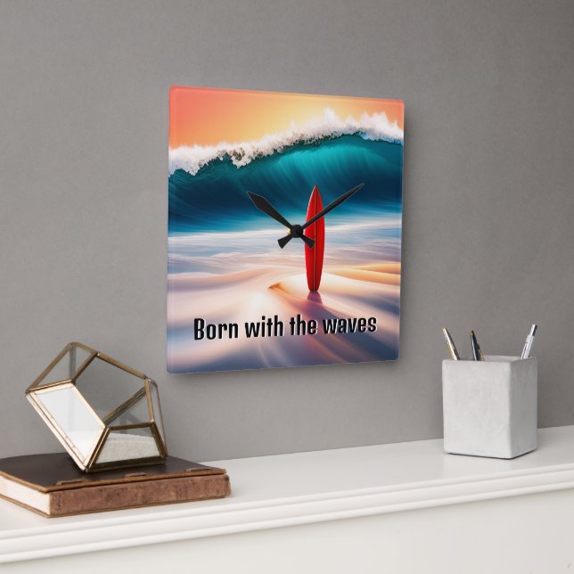 Upright Surfboard in Sand with Wave Square Wall Clock (Office)