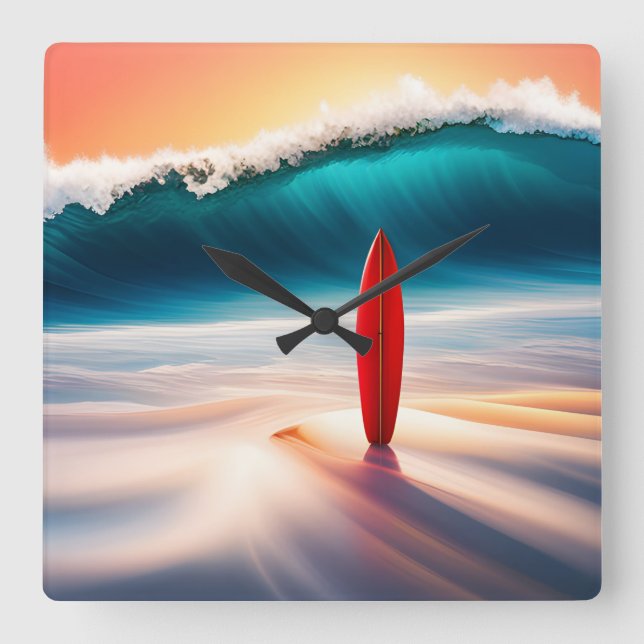 Upright Surfboard in Sand with Wave Square Wall Clock (Front)