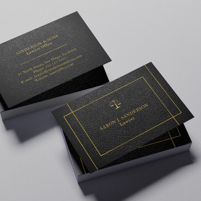 Upscale faux black lather gold script lawyer business card (Creator Uploaded)