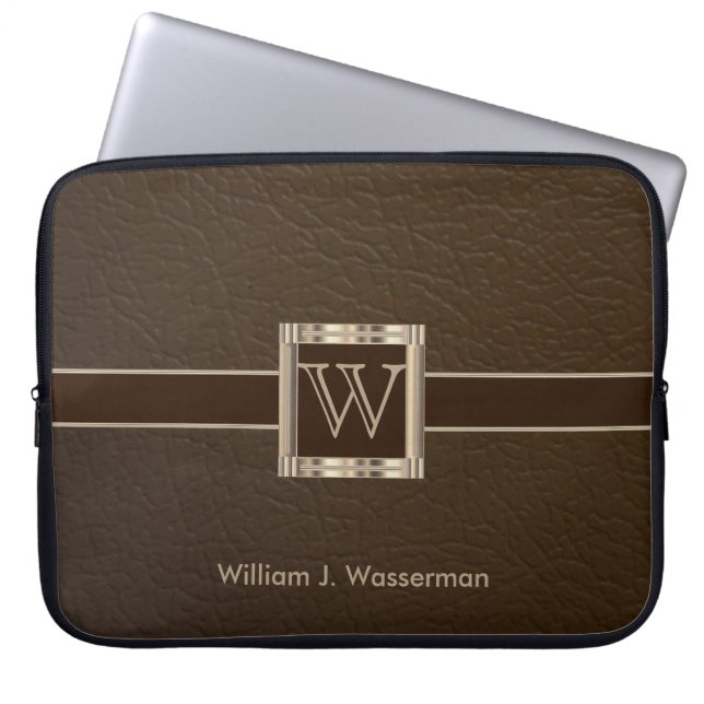 Upscale Monogram Chocolate Leather Laptop Sleeve (Front)