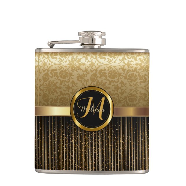Upscale Monogram Golden Pattern Design Hip Flask (Front)