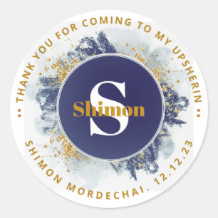 Upsherin Thank You Initial NAV Watercolor Glitter Classic Round Sticker