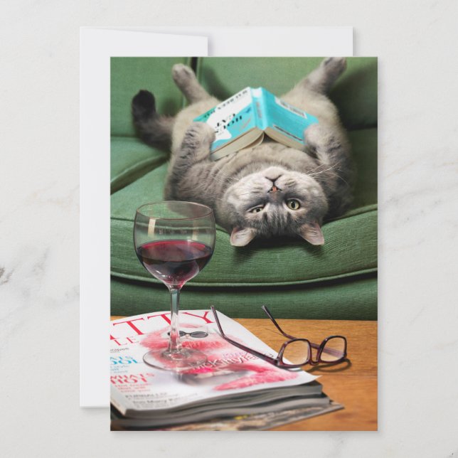 Upside Down Cat Reading Book Invitation (Front)