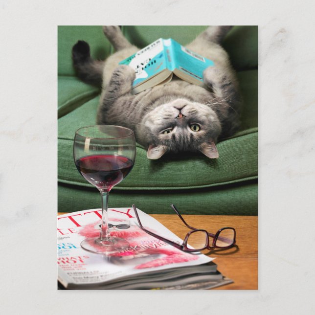 Upside Down Cat Reading Book Invitation Postcard (Front)