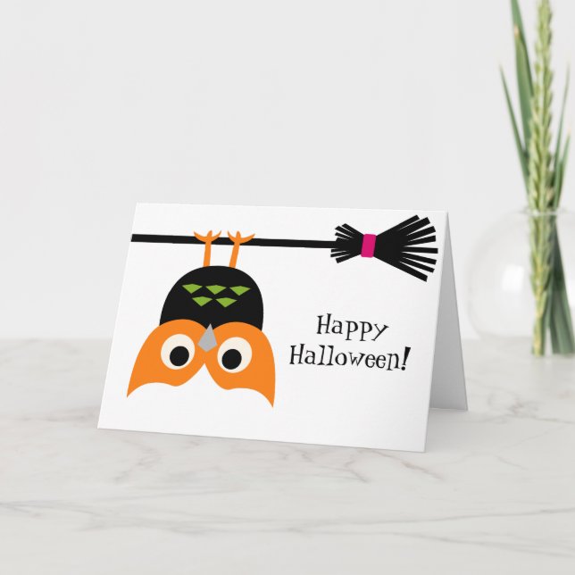 Upside Down Owl on Broom Halloween Card (Front)