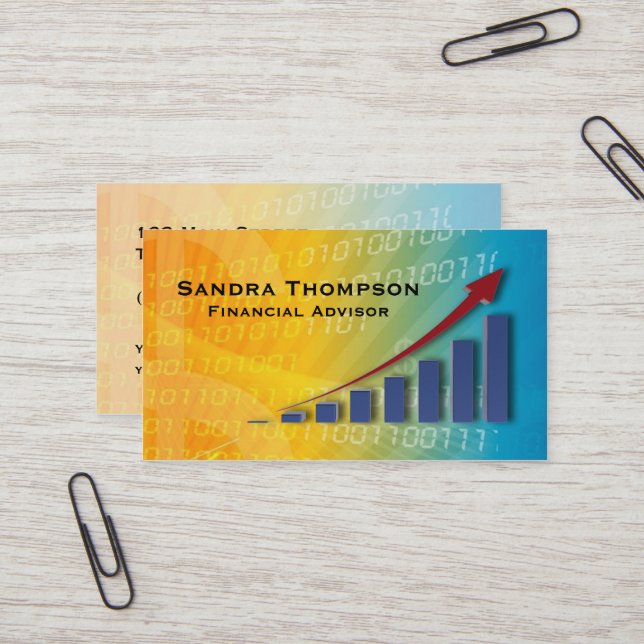 Upward Chart Blue Yellow Financial Advisor Business Card (Front/Back In Situ)