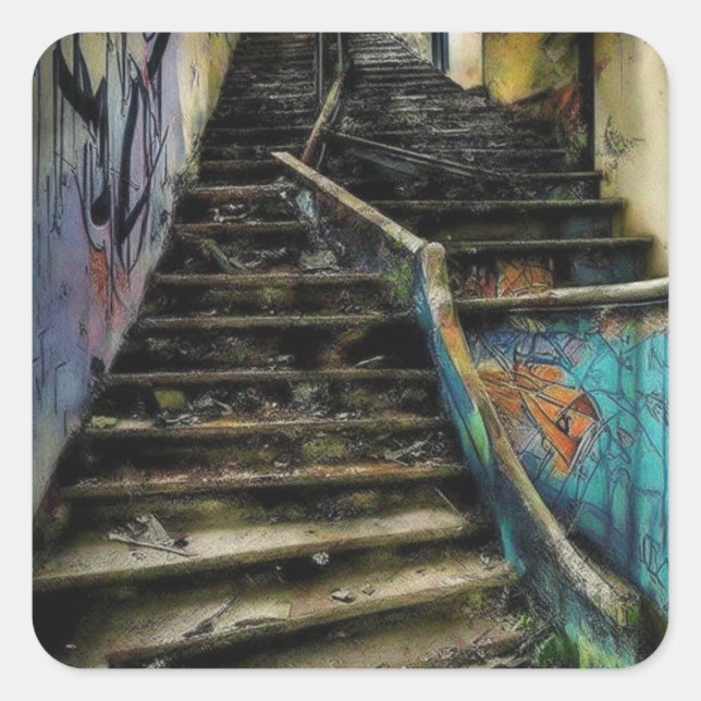 Urban Art on Stairs Abandoned Building Square Sticker (Front)