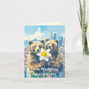 Urban Bear Couple & Cityscape 10th Wedding Anniv Card