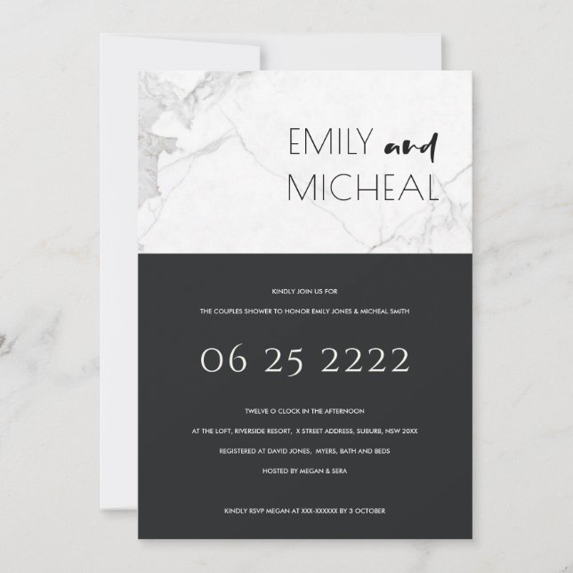 URBAN BLACK WHITE MARBLE COUPLES SHOWER INVITE (Front)