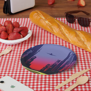 Urban City Scene At Dusk Paper Plate