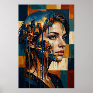 Urban Cityscape Double Exposure Woman Portrait Poster
