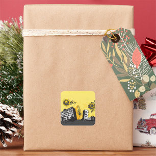 Urban Cityscape Yellow and Grey Retro Abstract Square Sticker