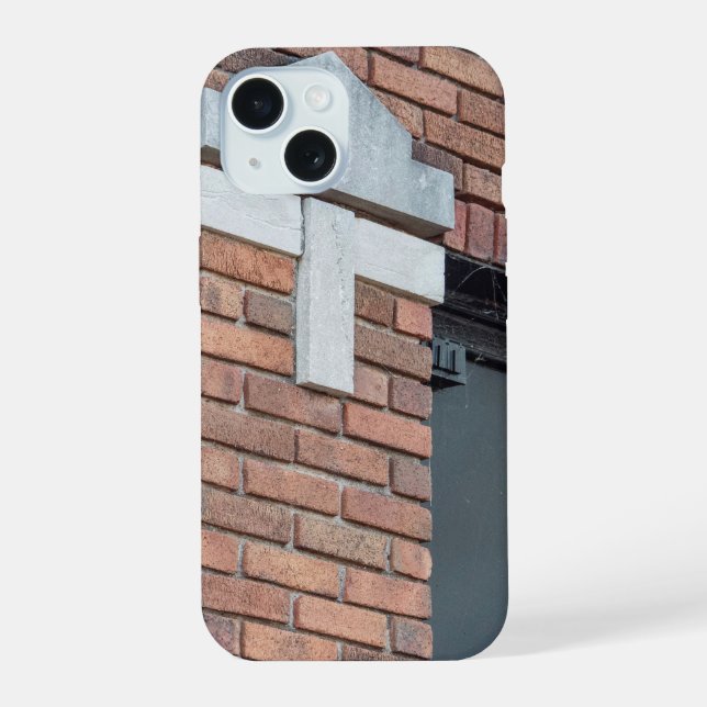 Urban Contrast: White Capstone on Red Brickwork iPhone 15 Case (Back)