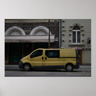 Urban Contrast: Yellow Van on Budapest City Street Poster