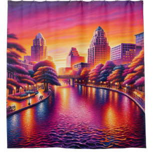 "Urban Dawn: San Antonio Riverwalk" Shower Curtain