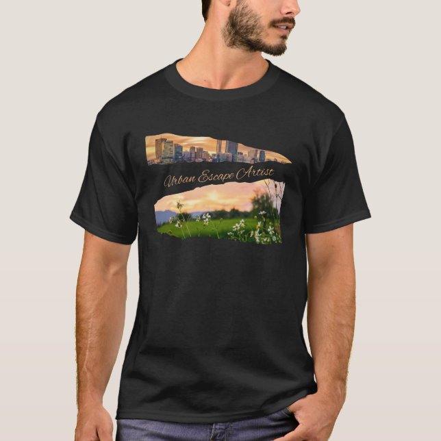Urban Escape Artist City to Nature Sunset Design T-Shirt (Front)